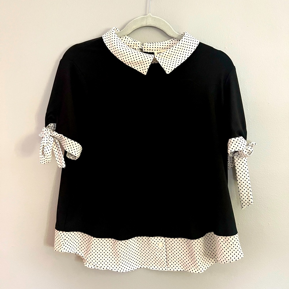 Faith and joy black and white blouse top with knotted sleeves polka dot collar